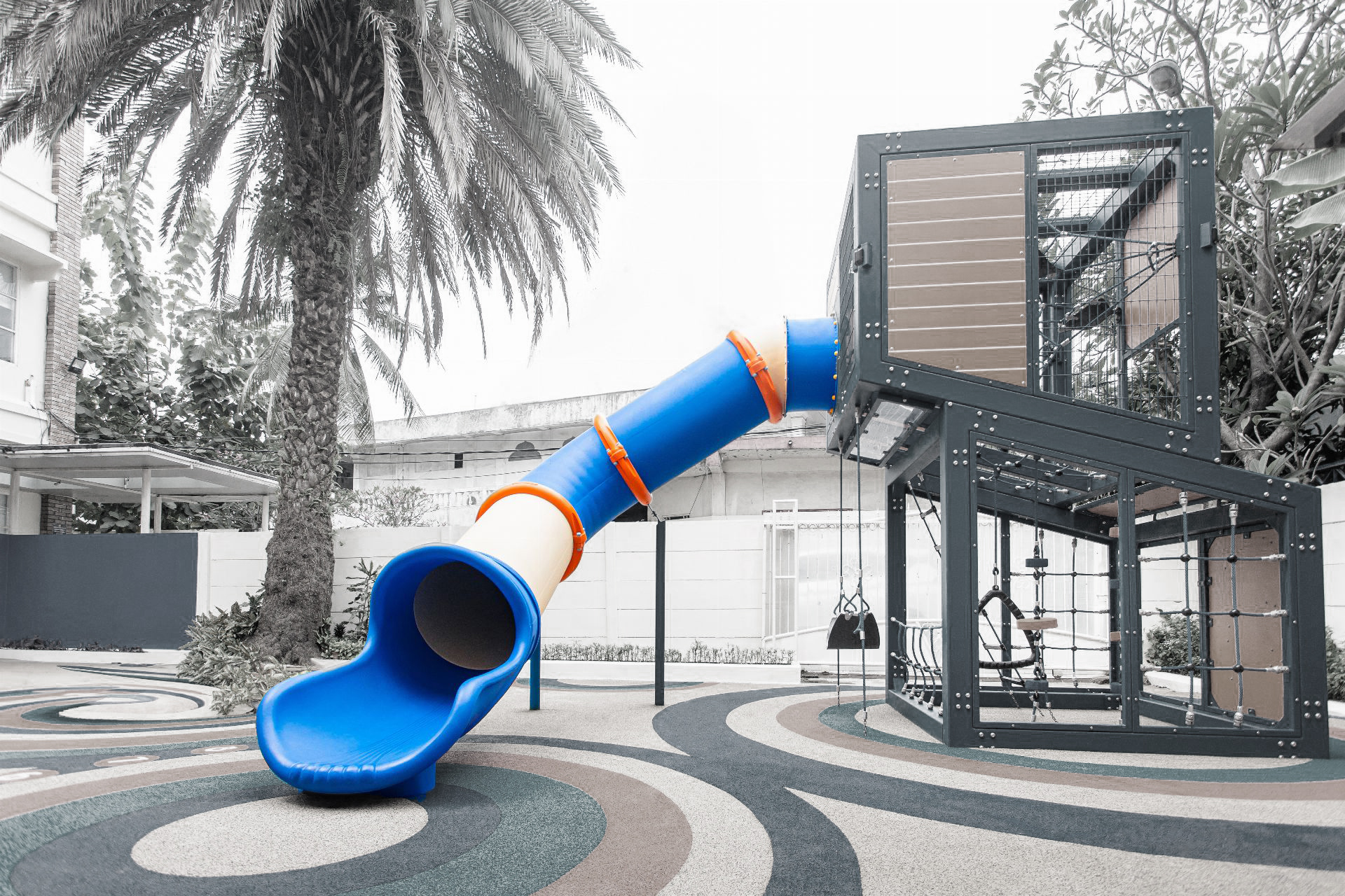 Close-up of a blue rotationally moulded plastic slide